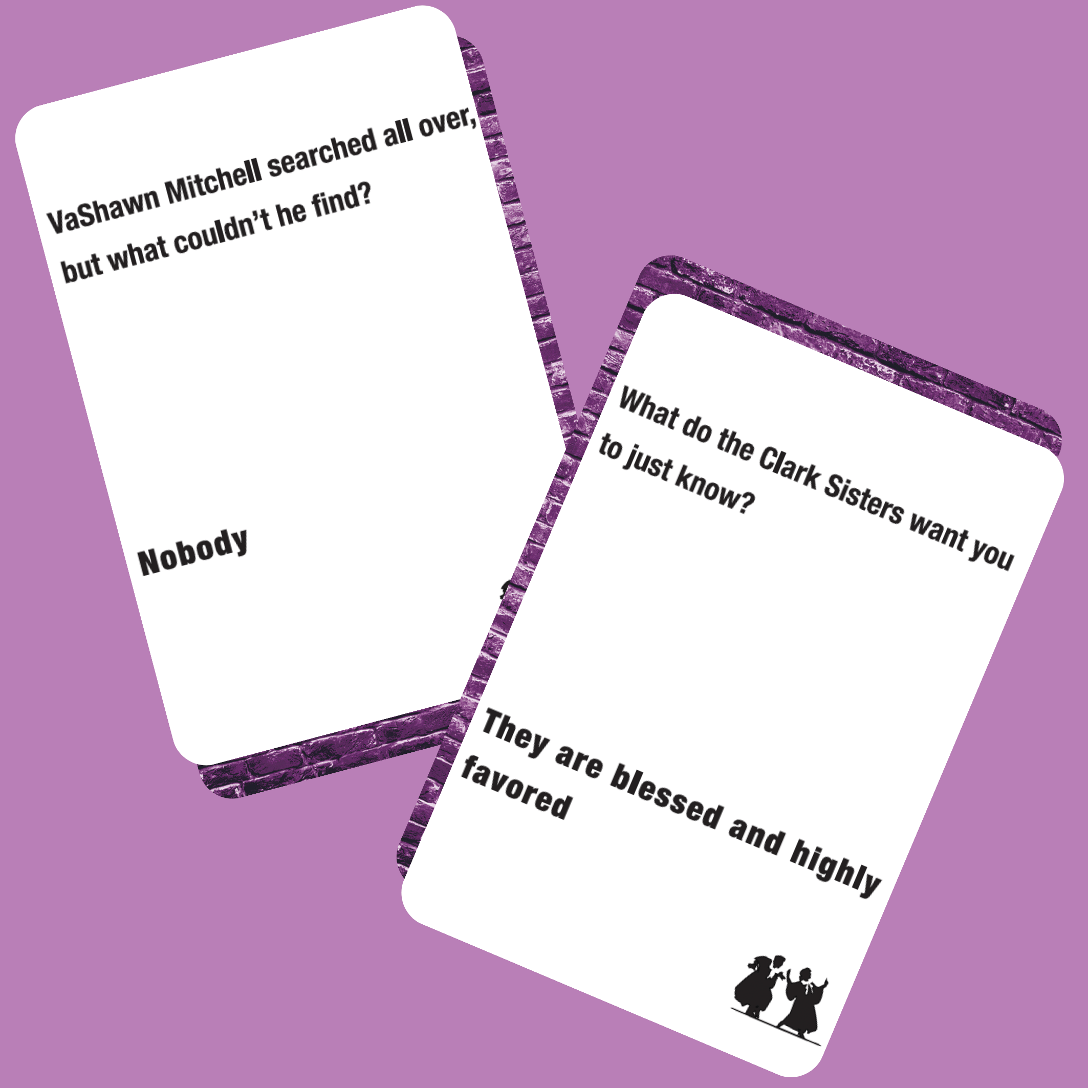 Lyrically Correct card game featuring question and answer prompt cards with purple patterned edges